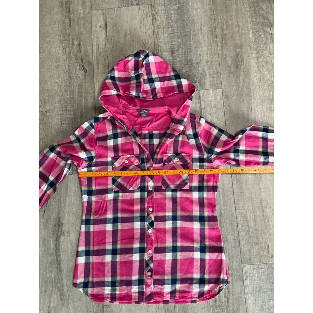 Eddie Bauer Women’s M Pink Plaid Hooded Flannel Shirt Outdoors/Hiking/Camping